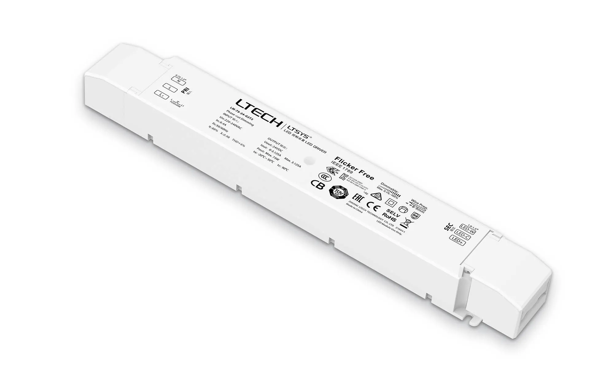 LM-75-24-G2T2  Leading edge (Triac), Trailing edge (ELV) Phase-cut and Push DIM/CCT, 0-100% Dim, Constant Voltage 75W, 24Vdc 3.12A, 200-240Vac, IP20, 5yrs Warranty.
